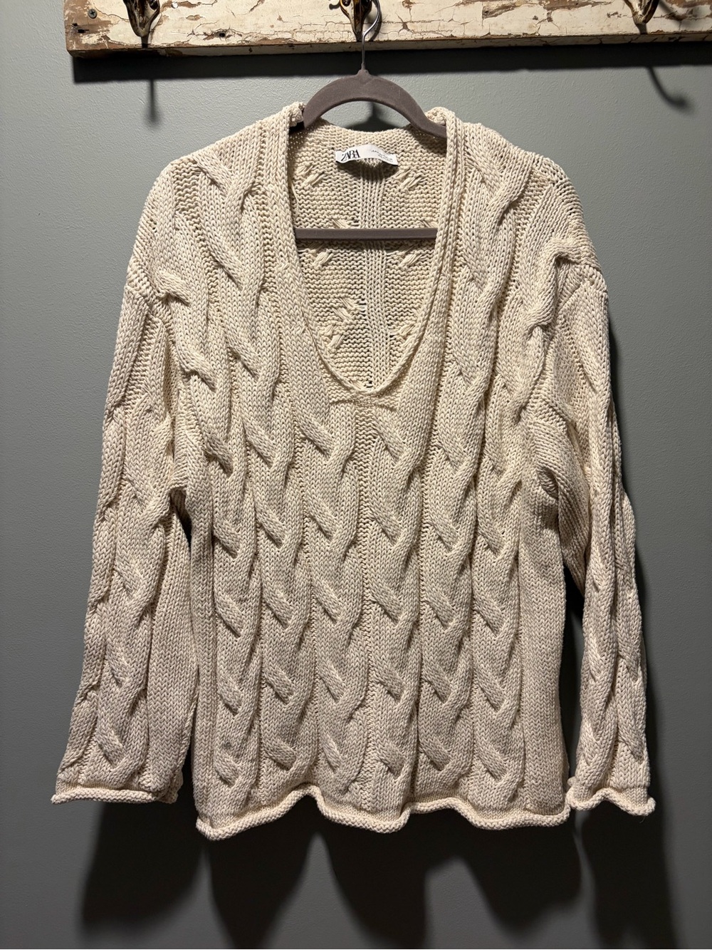 Zara Beige Cable Knit Scoop Neck Sweater